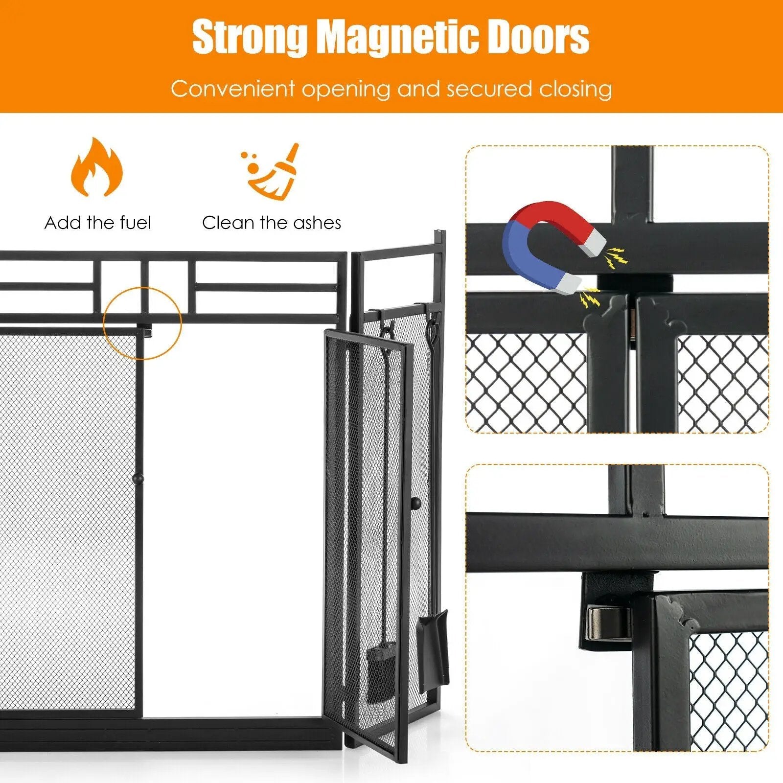 3-Panel Folding Wrought Iron Fireplace Screen with Doors and 4 Pieces Tools Set-Black by DirectDeals