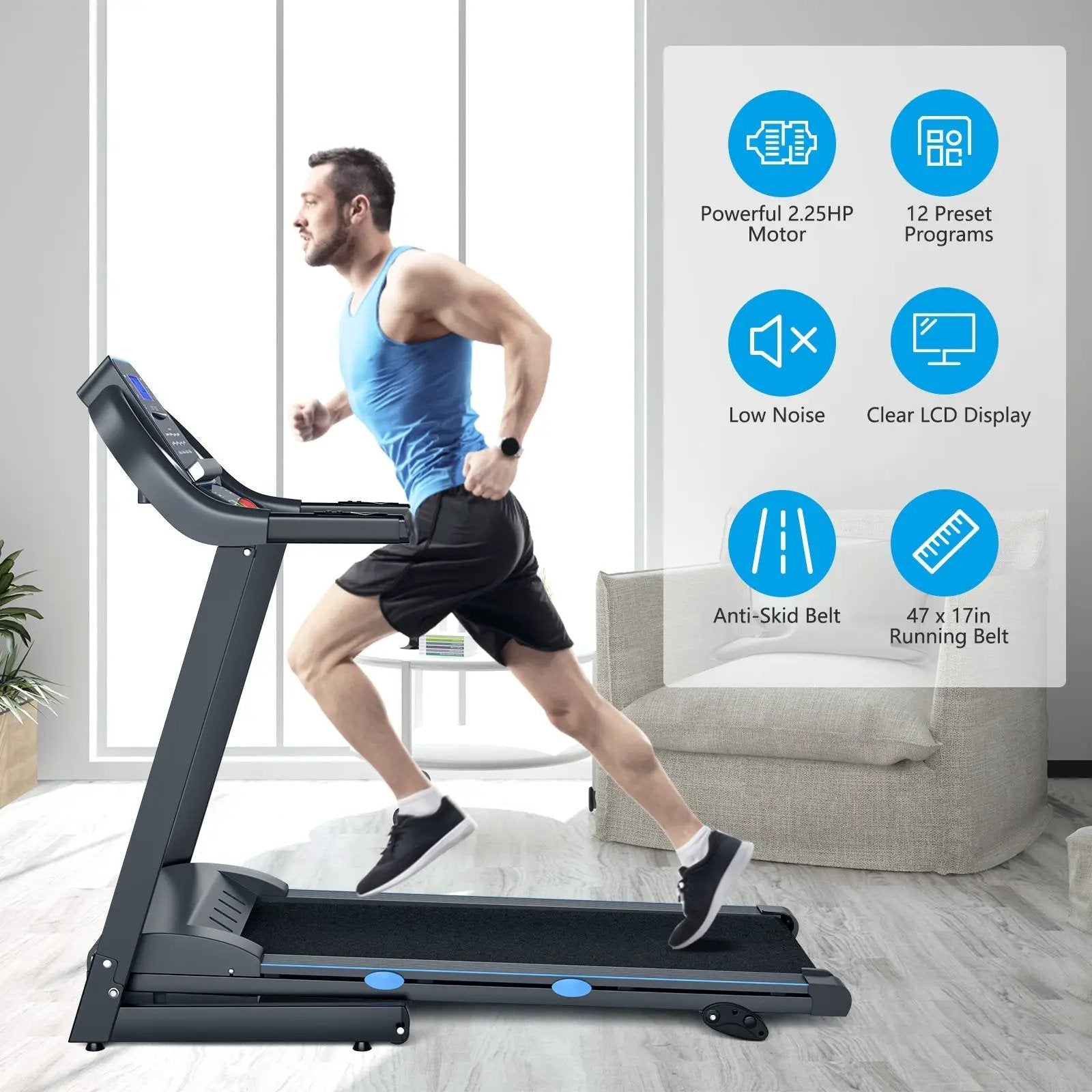 2.25 HP Folding Electric Motorized Power Treadmill with Blue Backlit LCD Display by DirectDeals