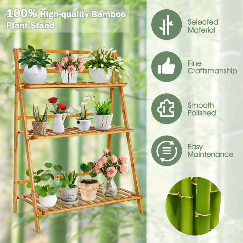 3-Tier Bamboo Foldable Plant Stand with Display Shelf Rack-Natural by DirectDeals
