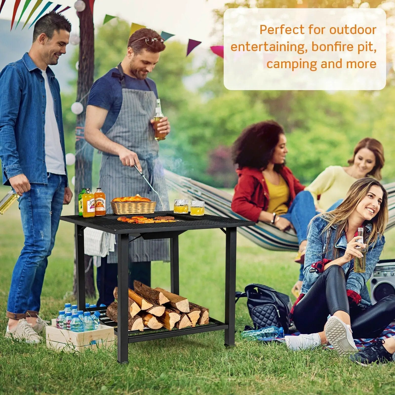 31 Inch Outdoor Fire Pit Dining Table with Cooking BBQ Grate by DirectDeals