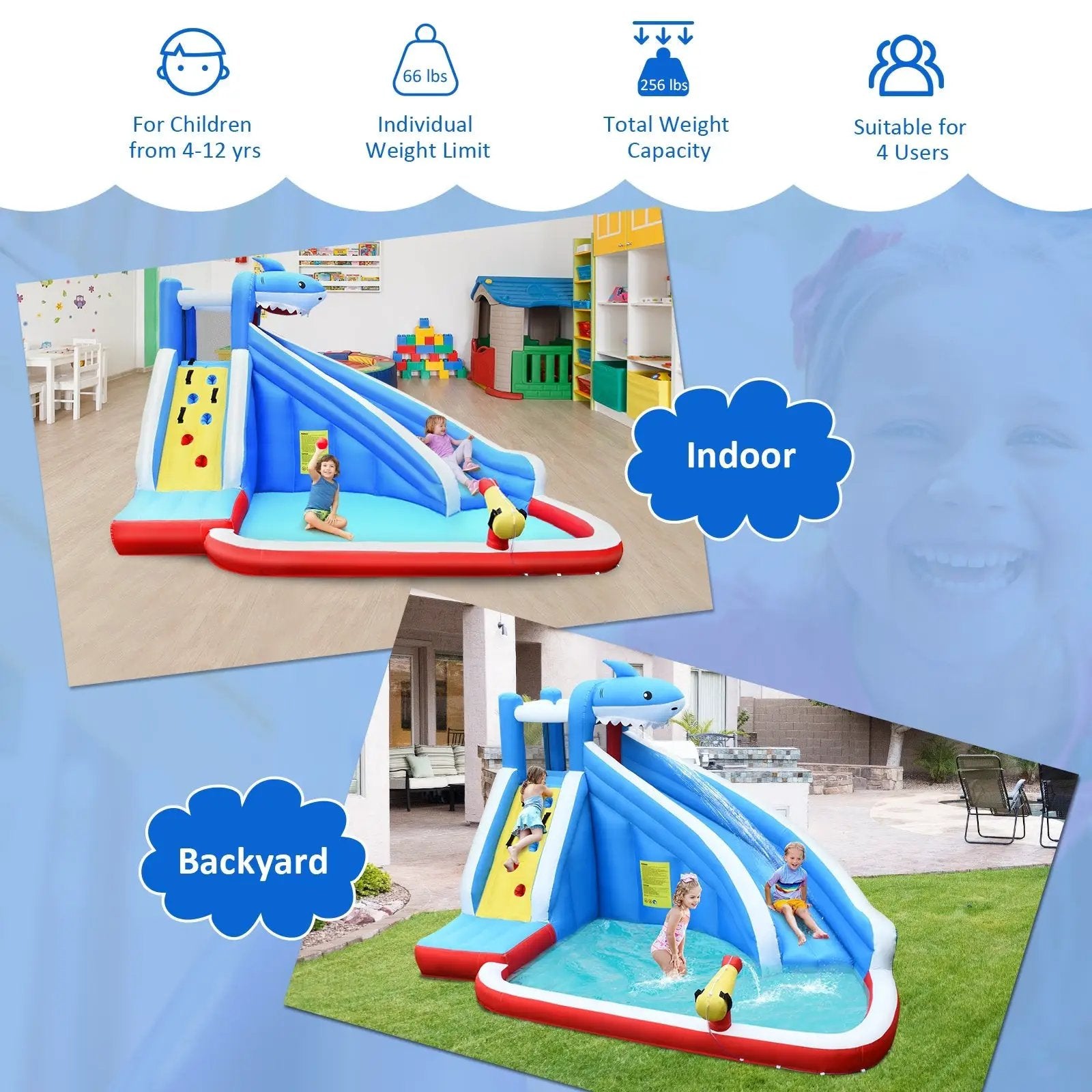 Inflatable Shark Bounce House with Water Slide and Climbing Wall without Blower by DirectDeals