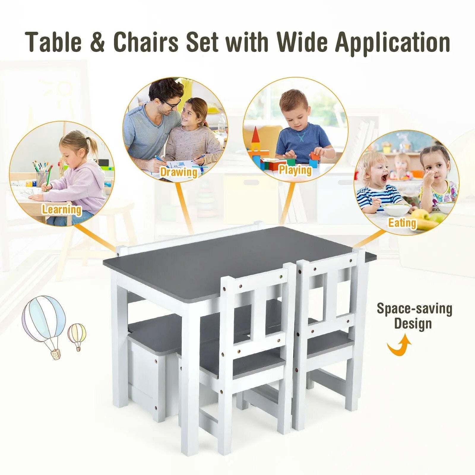 4 Pieces Kids Wooden Activity Table and Chairs Set with Storage Bench and Study Desk by DirectDeals