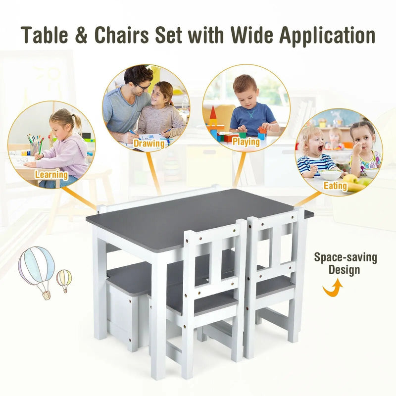 4 Pieces Kids Wooden Activity Table and Chairs Set with Storage Bench and Study Desk by DirectDeals