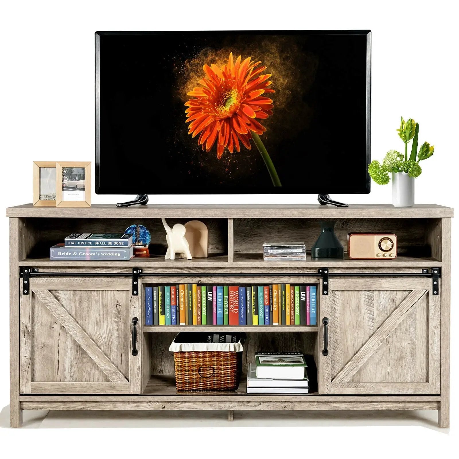59 Inch Sliding Barn Door TV Stand with Adjustable Shelves for TVs up to 65 Inch by DirectDeals