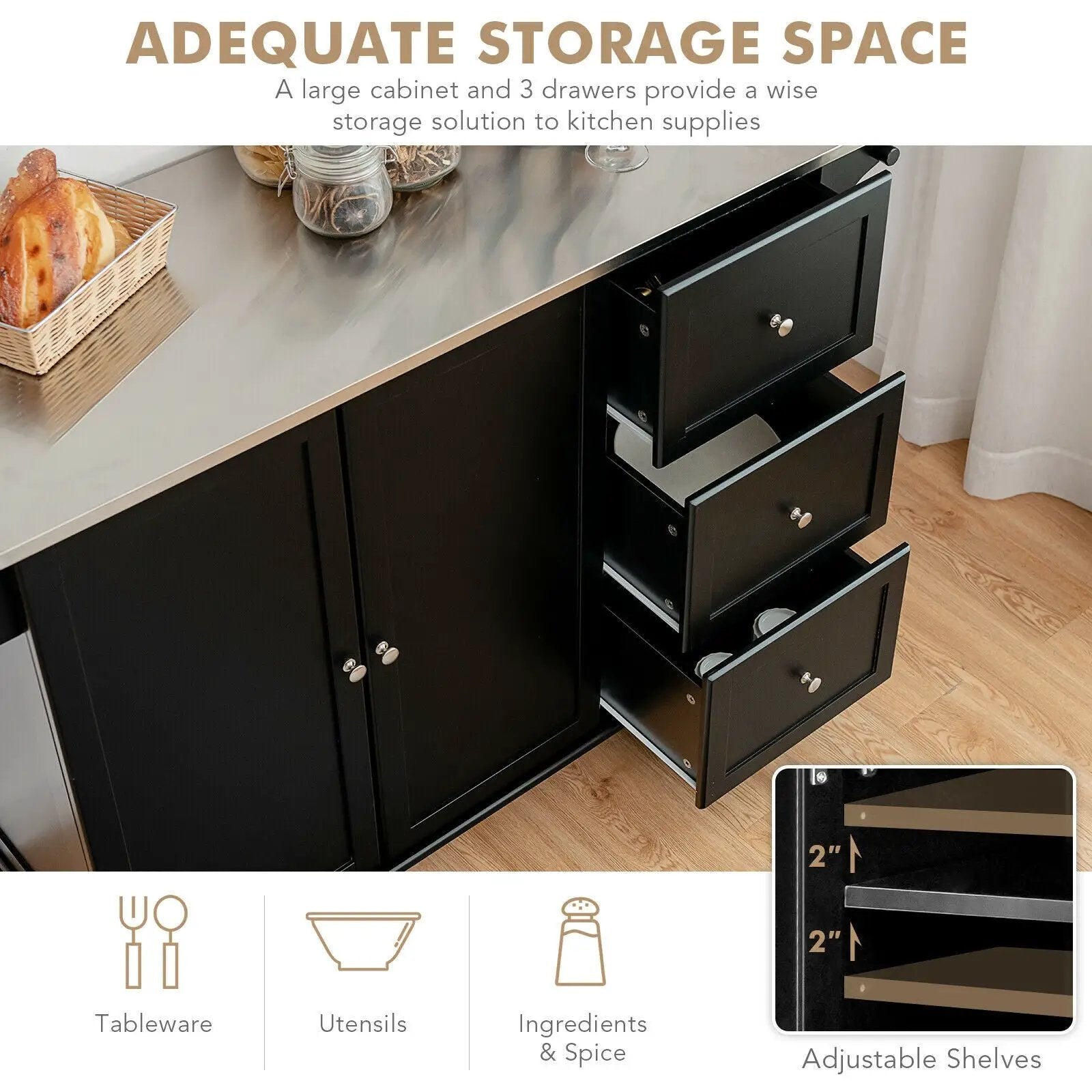 Kitchen Island 2-Door Storage Cabinet with Drawers and Stainless Steel Top by DirectDeals