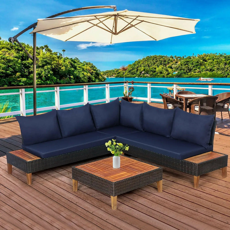 4 Pieces Patio Cushioned Rattan Furniture Set with Wooden Side Table by DirectDeals