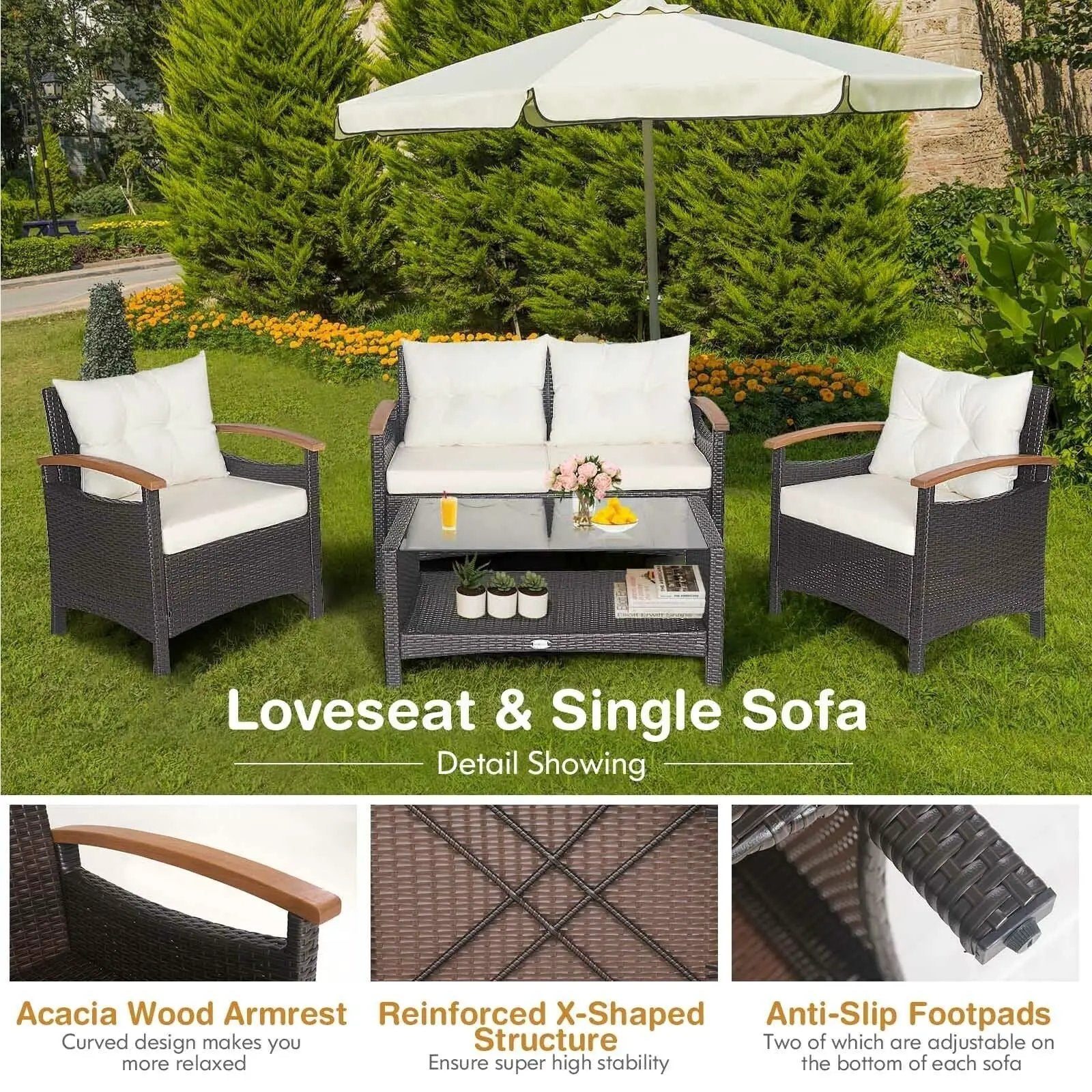 4 Pieces Patio Rattan Furniture Set with Cushioned Sofa and Storage Table by DirectDeals