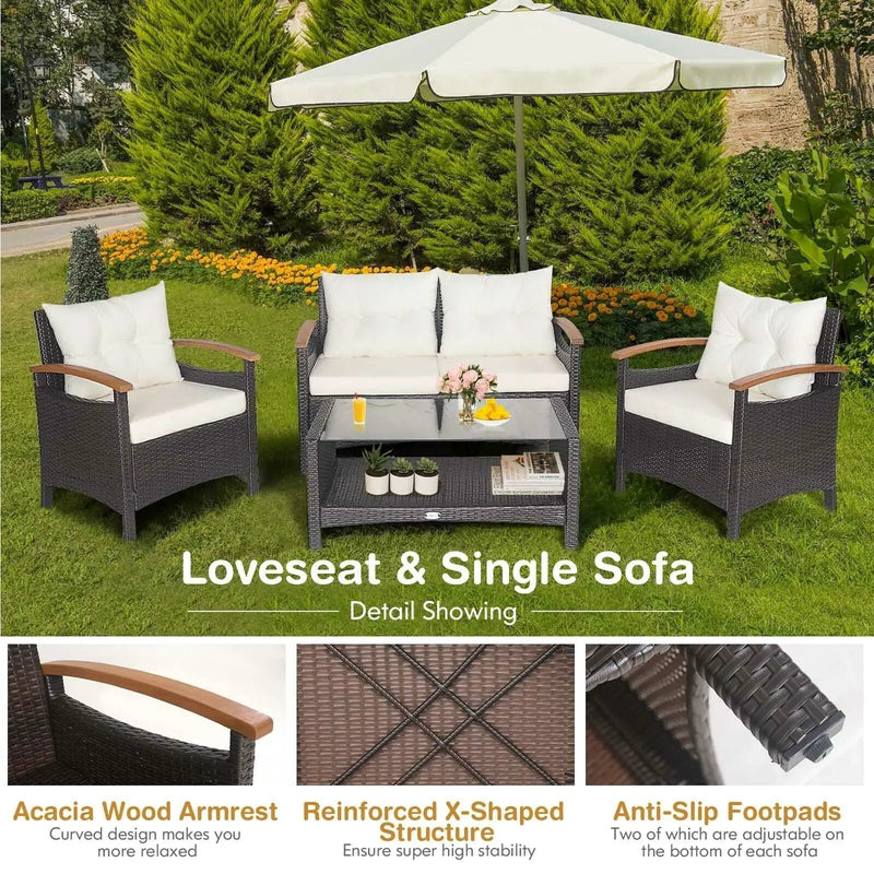 4 Pieces Patio Rattan Furniture Set with Cushioned Sofa and Storage Table by DirectDeals