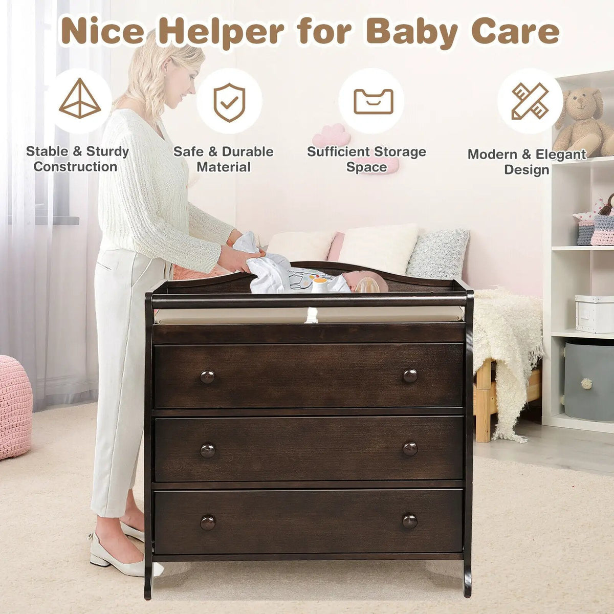 Baby Changing Table Infant Diaper with 3 Drawers and Safety Belt, photo 8 of 10