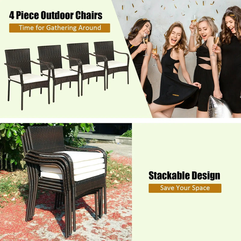 Set of 4 Patio Rattan Stackable Dining Chair with Cushioned Armrest for Garden by DirectDeals
