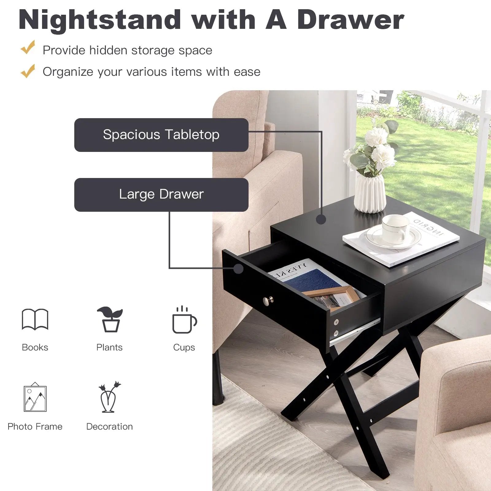 Modern X-Shaped Nightstand with Drawer for Living Room Bedroom by DirectDeals