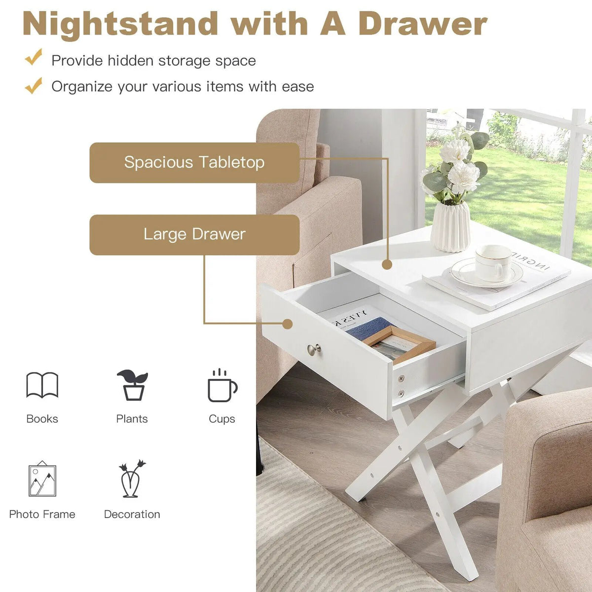 Modern X-Shaped Nightstand with Drawer for Living Room Bedroom, photo 3 of 16