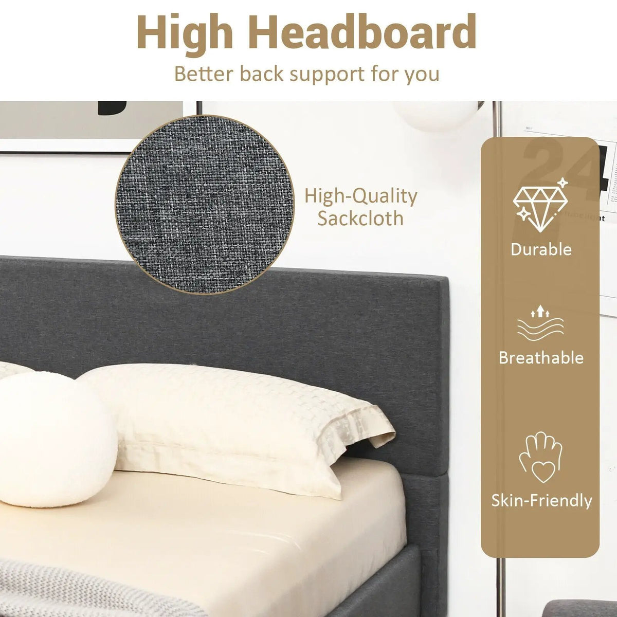 Full/Queen Size Upholstered Platform Bed Frame with Linen Headboard, photo 7 of 16