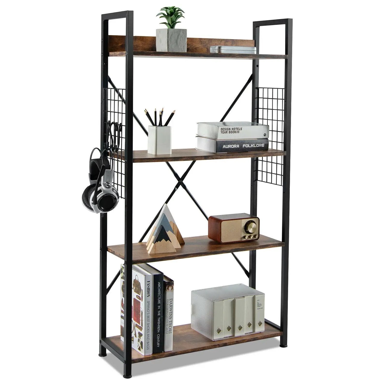 4 -Tier Industrial Open Storage Bookshelf-Coffee by DirectDeals