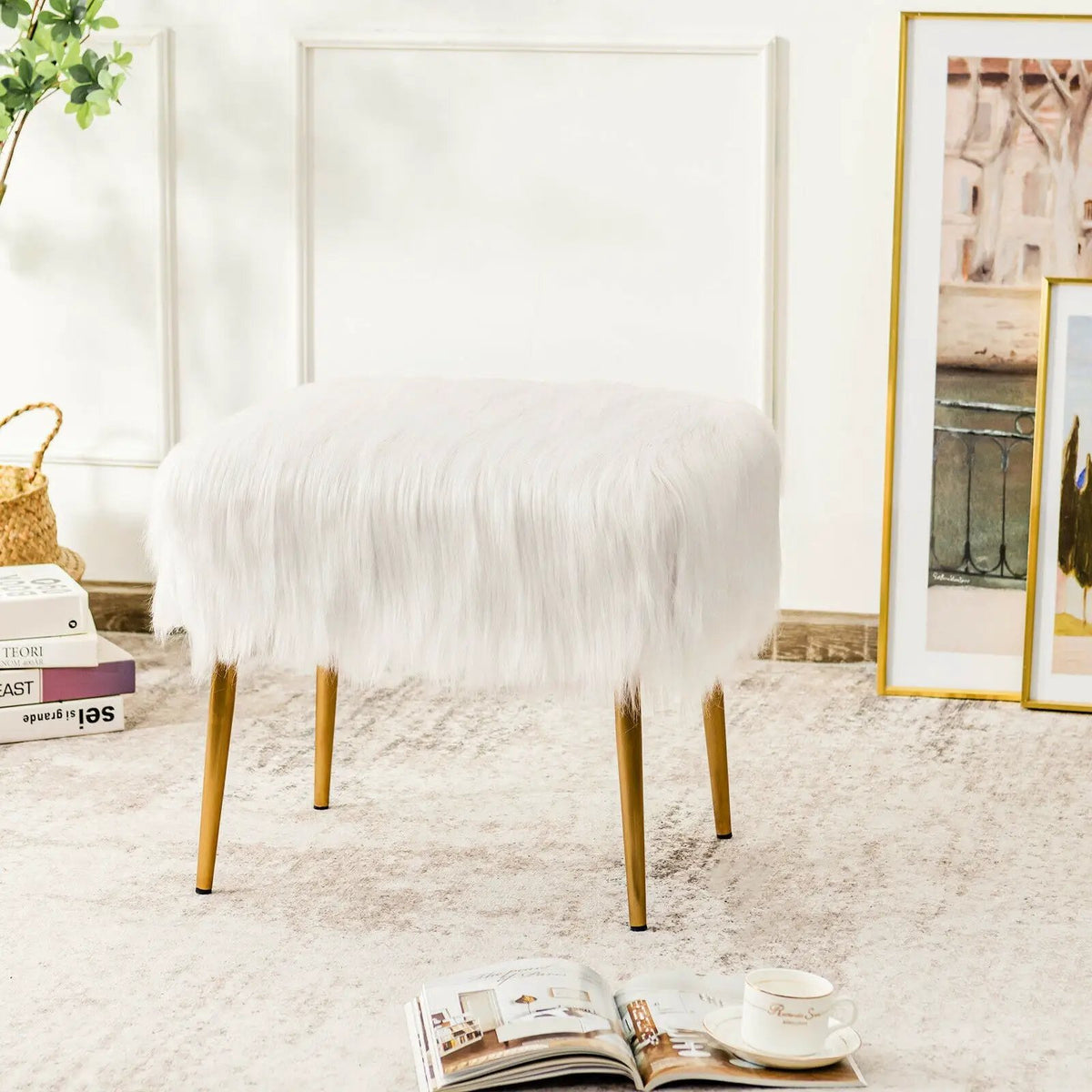 Faux Fur Vanity Stool with Golden Metal Legs for Makeup Room, photo 15 of 16