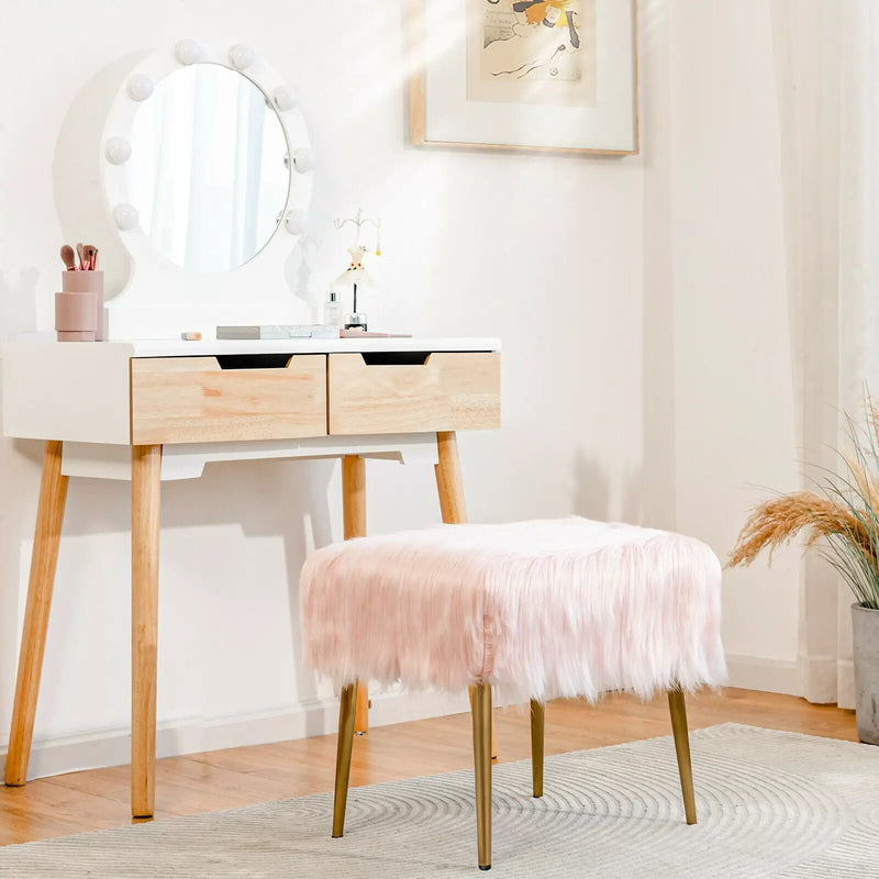 Faux Fur Vanity Stool with Golden Metal Legs for Makeup Room by DirectDeals