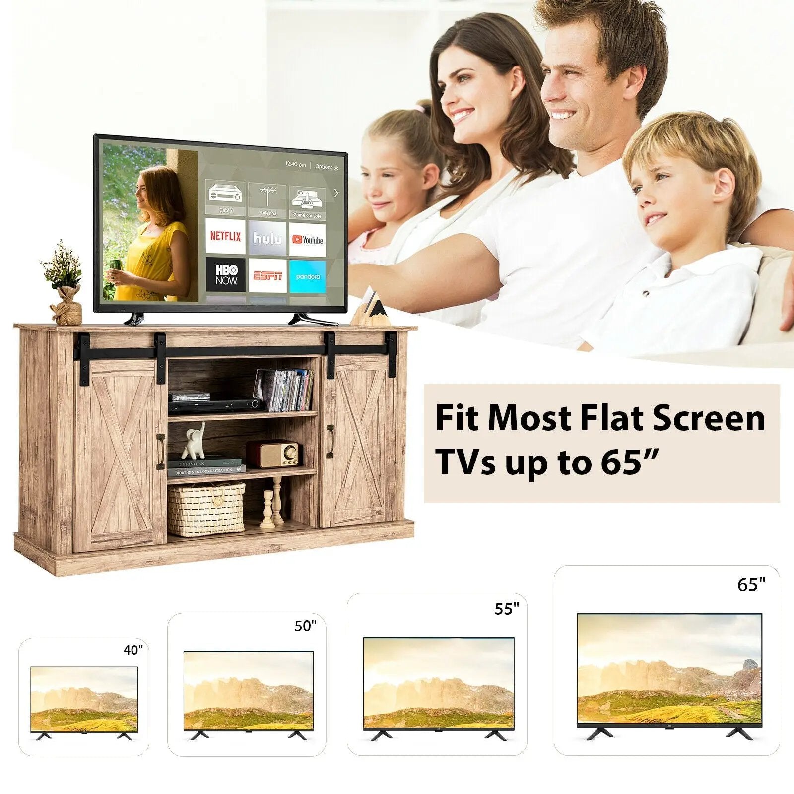 55 Inch Sliding Barn Door TV Stand with Adjustable Shelves for TVs up to 65 Inch-Natural by DirectDeals