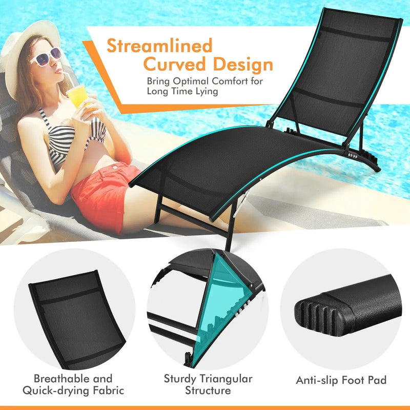 2 Pieces Patio Folding and Stackable Chaise Lounge Chair with 5-Position Adjustment-Black by DirectDeals