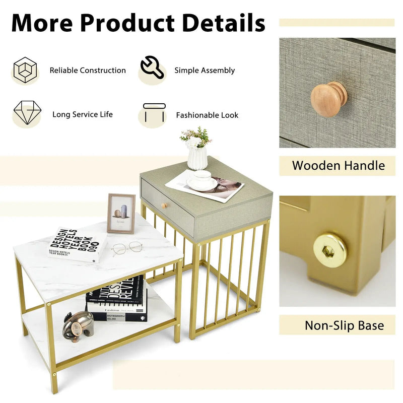 2 Pieces Modern Nesting Coffee Table Set with Drawer and Shelf-White by DirectDeals