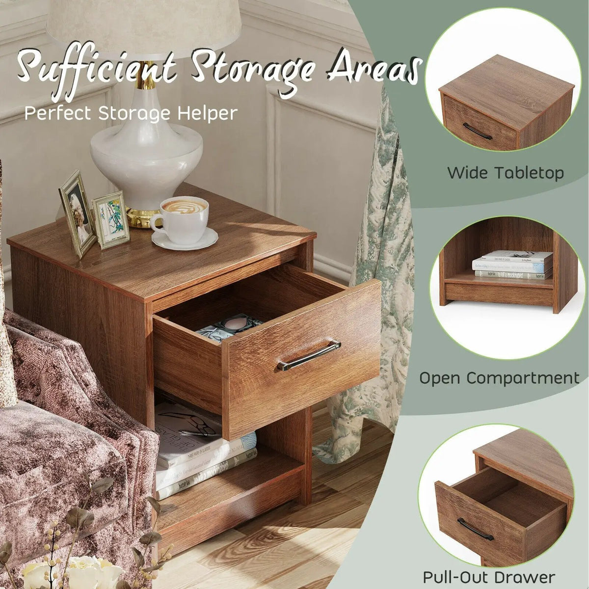 Wooden Nightstand with Drawer and Open Storage Compartment, photo 3 of 24