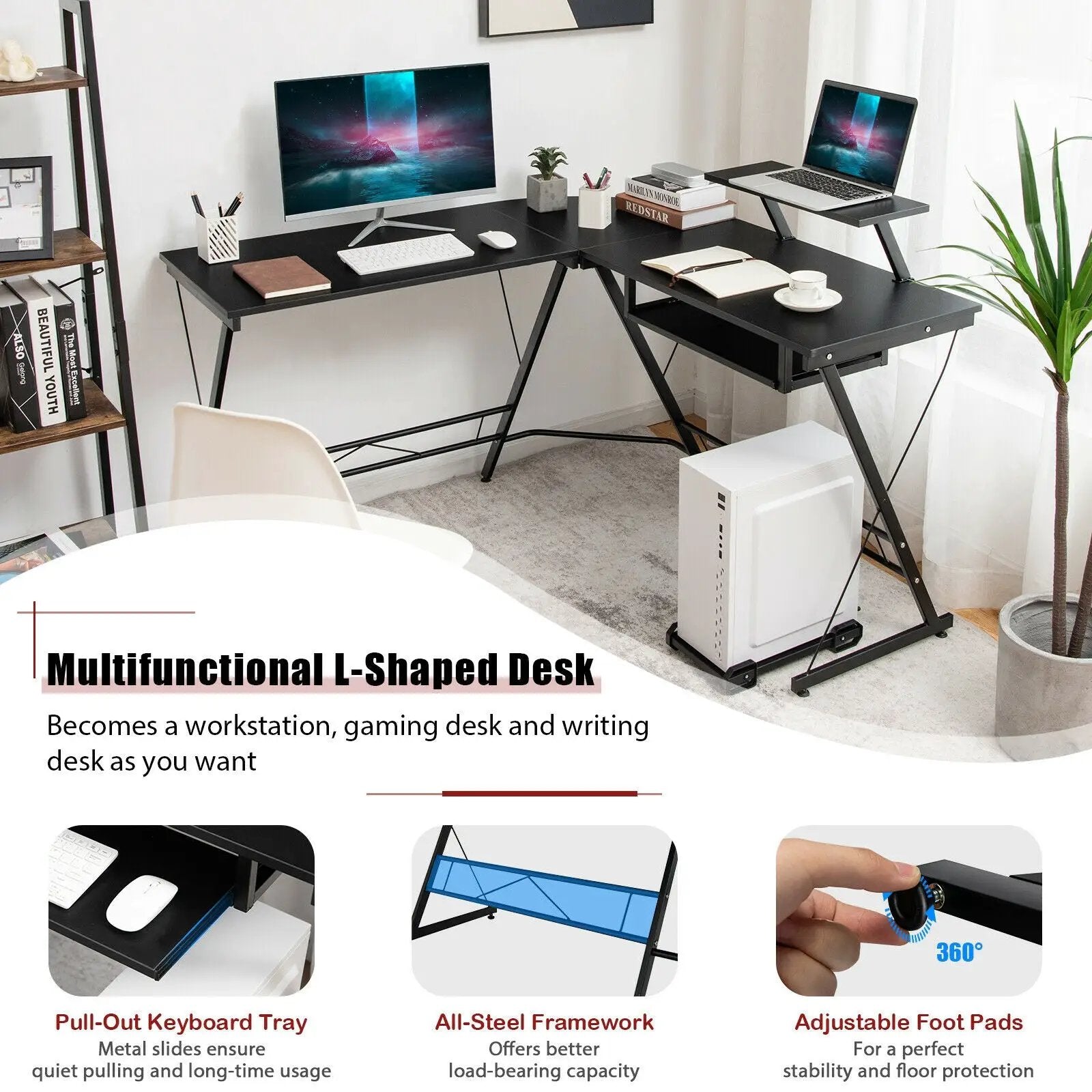 L Shaped Computer Desk Home Office Workstation with Movable Monitor Stand-Black by DirectDeals