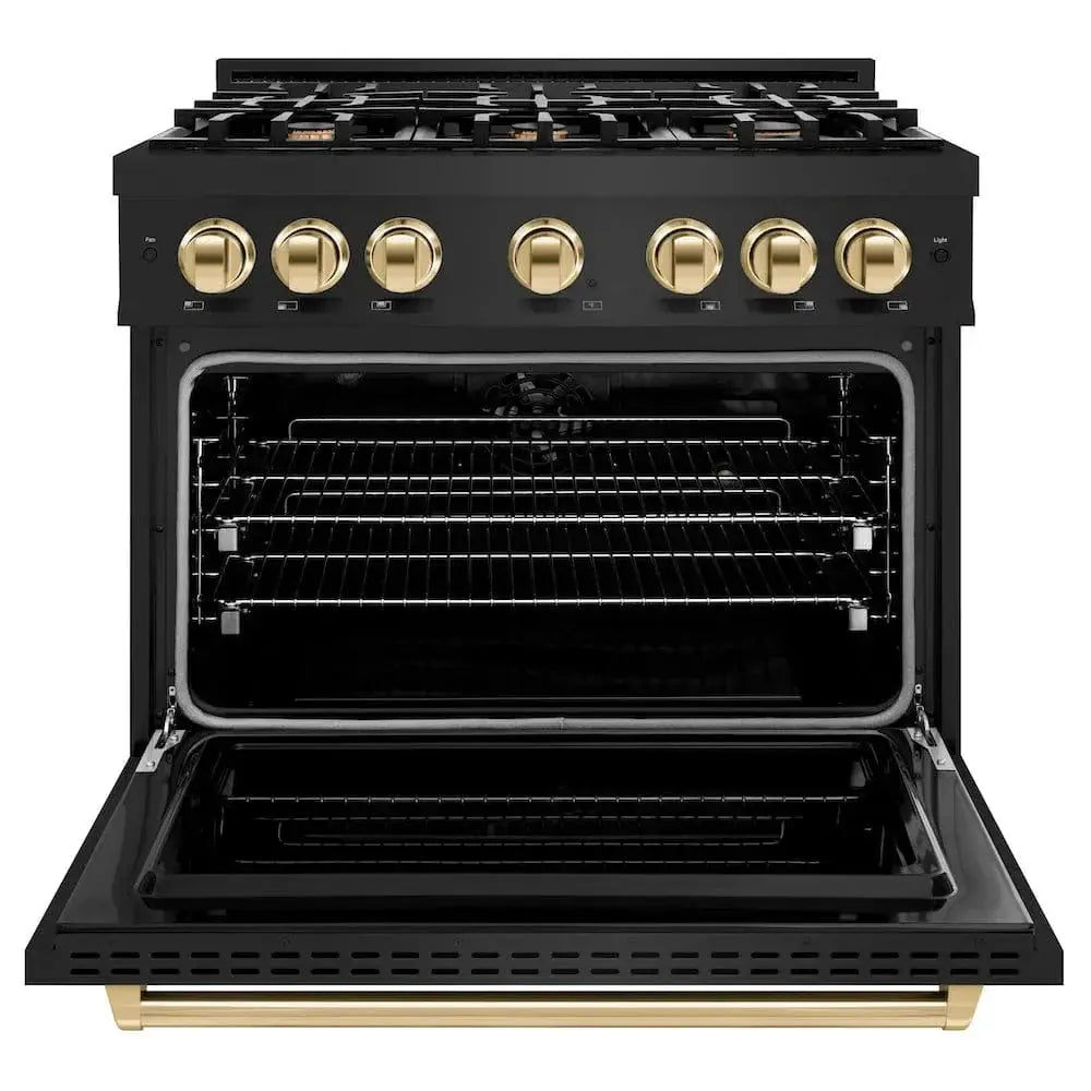ZLINE 36" Dual Fuel Range, Gas Cooktop, Electric Convection Oven Black Stainless Steel, Gold CDRBZ-36-G by Farmhouse Kitchen and Bath