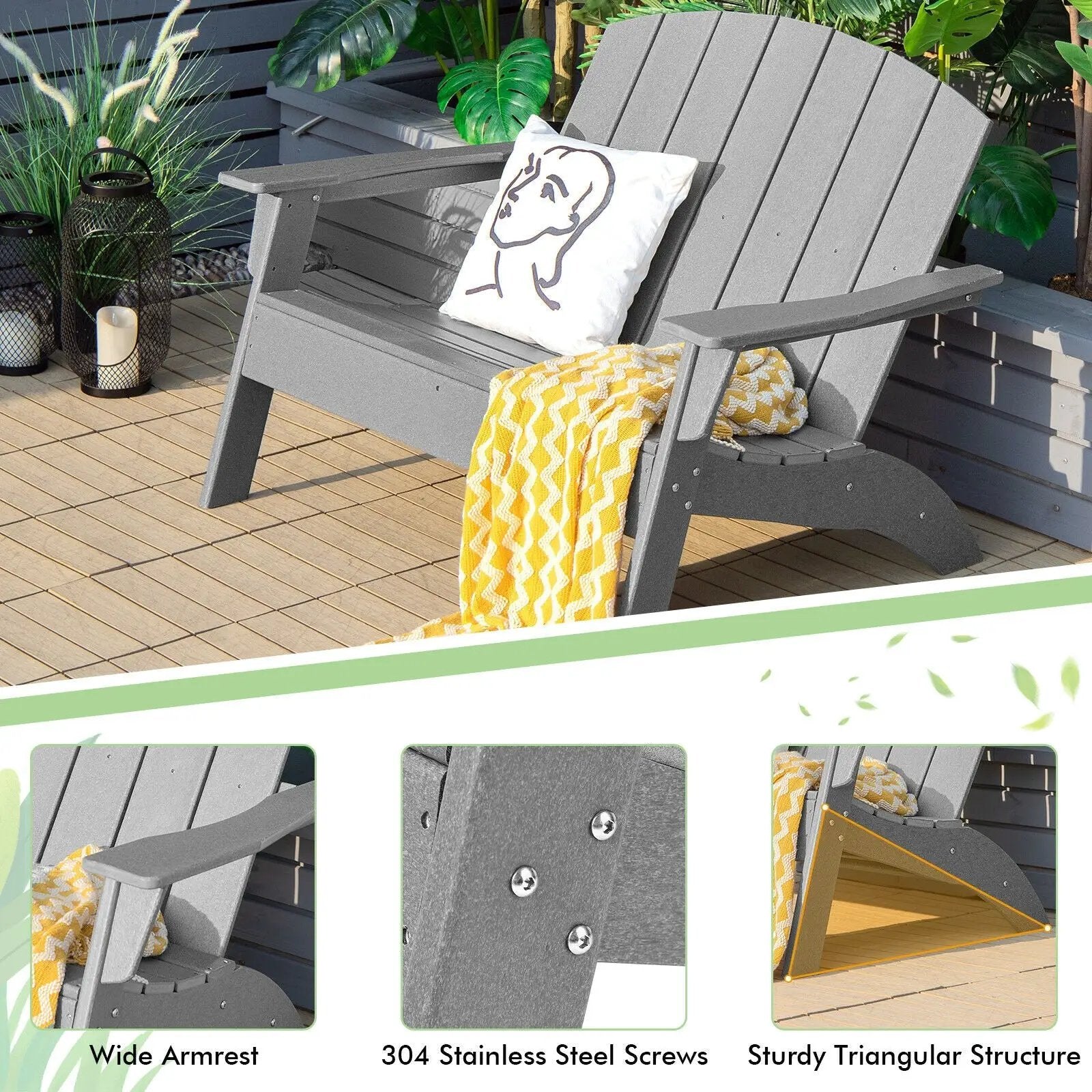HDPE Patio Adirondack Chair for Porch Garden Backyard-Gray by DirectDeals