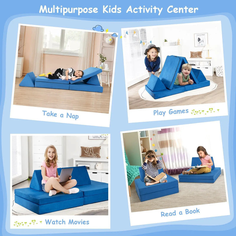 4 Pieces Convertible Kids Couch Set with 2 Folding Mats-Yellow by DirectDeals