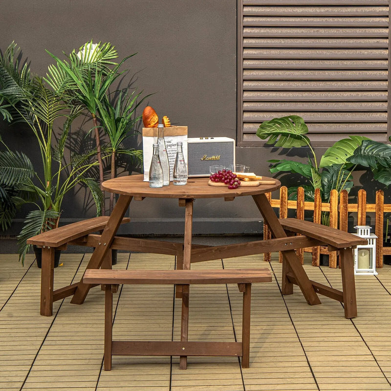 6-person Round Wooden Picnic Table with Umbrella Hole and 3 Built-in Benches-Dark Brown by DirectDeals
