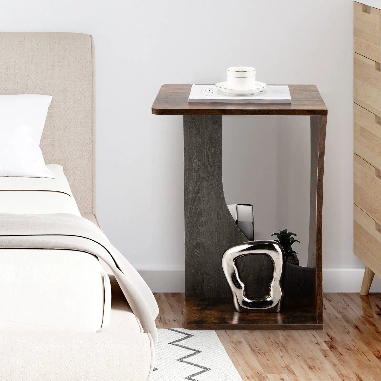 2-Tier Compact C-shape Sofa Side Table-Rustic Brown by DirectDeals