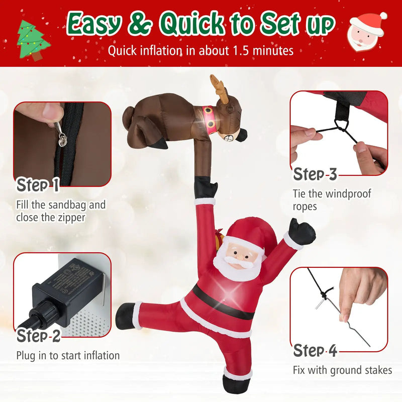 8.5 Feet Christmas Inflatable Reindeer and Climbing Santa Claus with Built-in LED Lights by DirectDeals