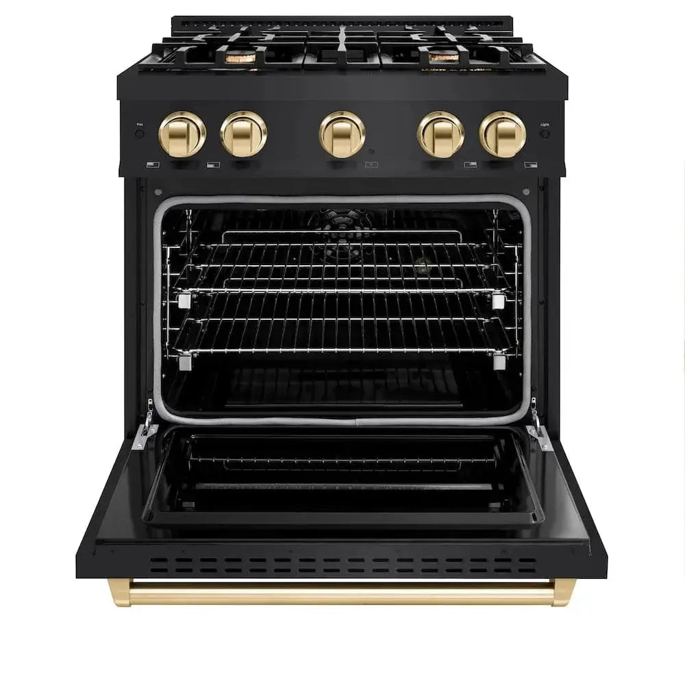 ZLINE 30" Classic Gas Range, Convection Gas Oven Black Stainless Steel, Gold CGRBZ-30-G by Farmhouse Kitchen and Bath