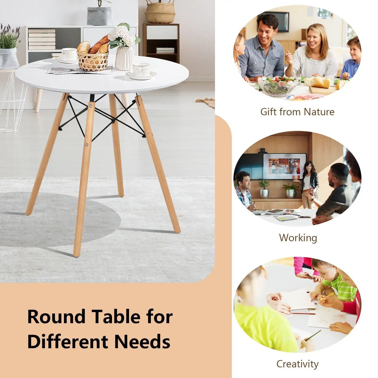 Round Modern Dining Table with Solid Wooden Leg-White by DirectDeals