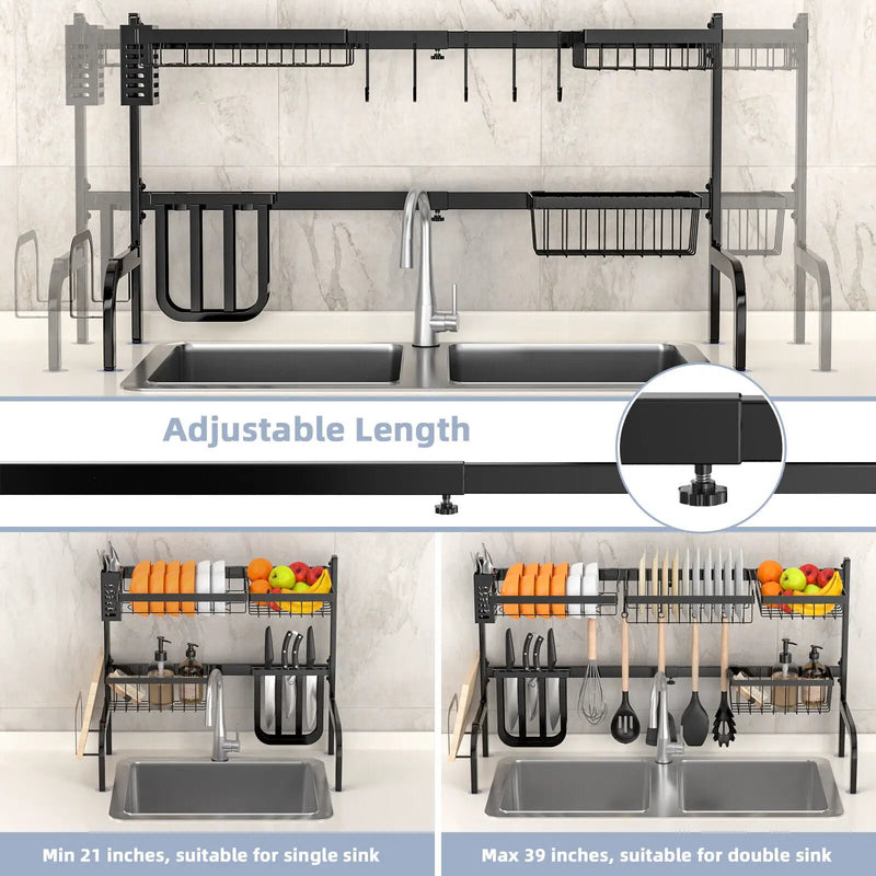 2 Tier Adjustable Over Sink Dish Drying Rack with 8 Hooks by DirectDeals