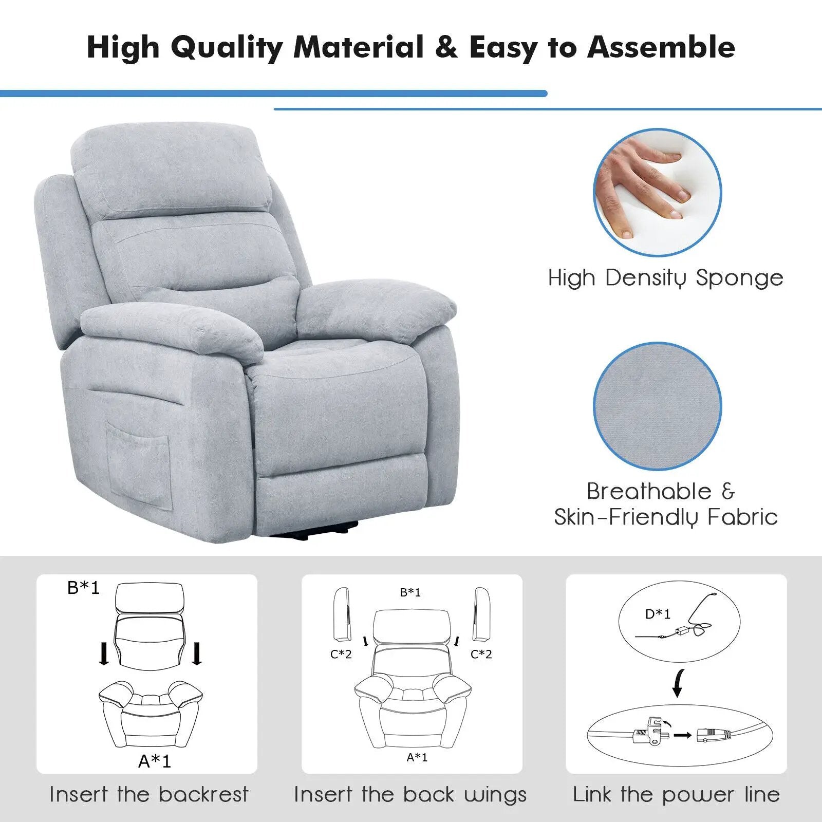 Power Lift Recliner Sofa with Side Pocket and Remote Control by DirectDeals