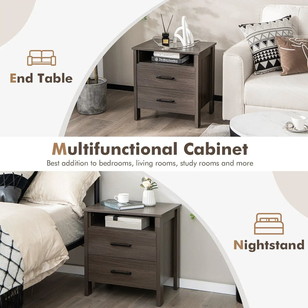 Modern Wood Grain Nightstand with Cable Hole and Open Compartment, photo 11 of 16