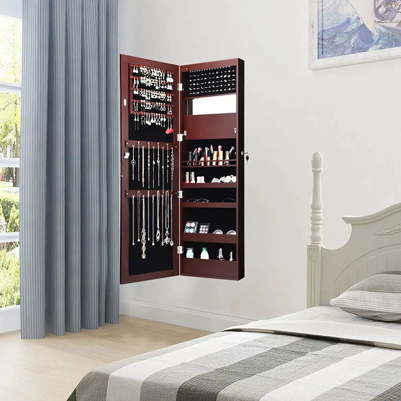 Lockable Wall Door Mounted Mirror Jewelry Cabinet w/LED Lights by DirectDeals