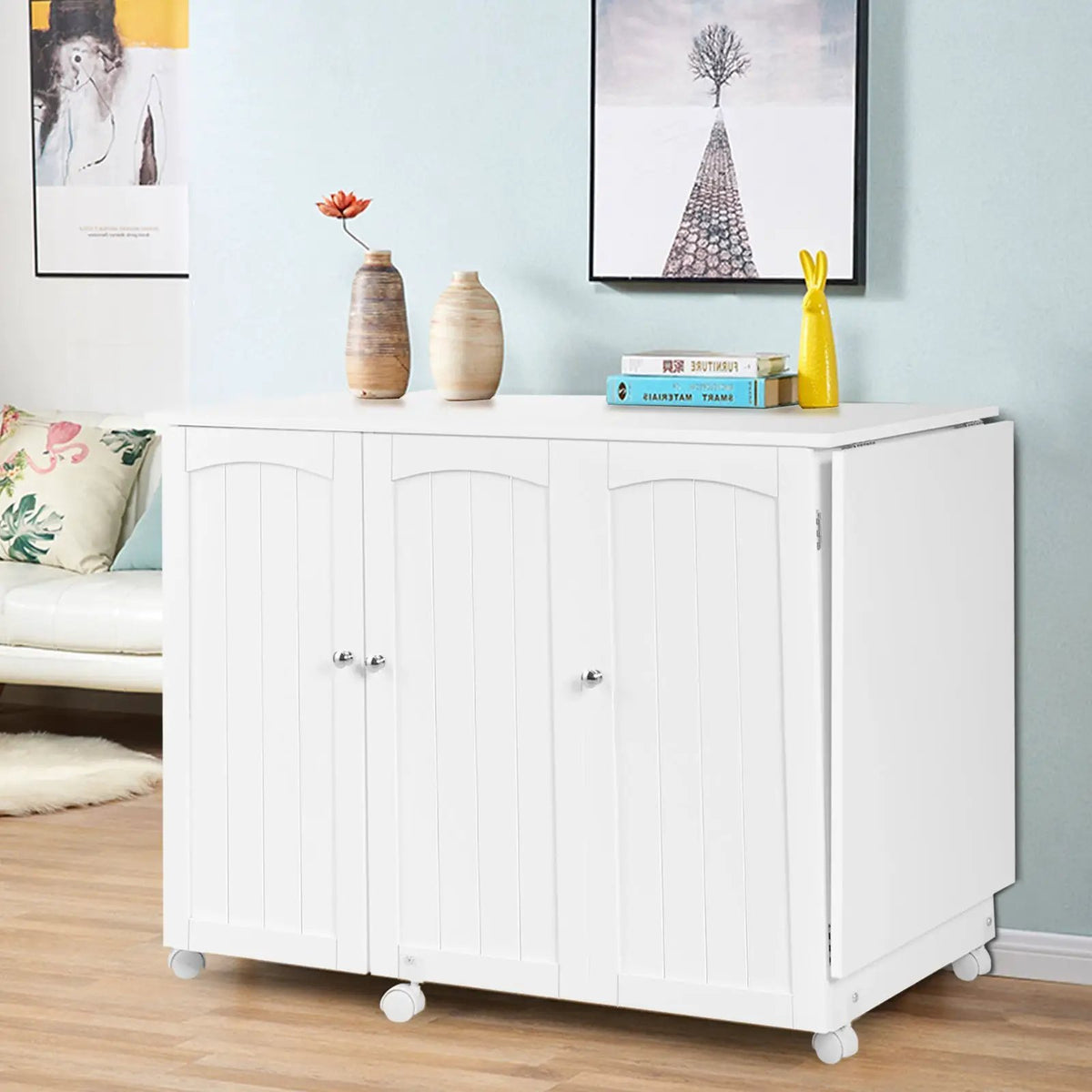 Folding Sewing Table Shelves Storage Cabinet Craft Cart with Wheels, photo 3 of 17