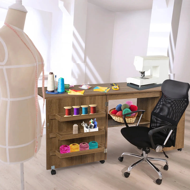 Folding Sewing Table Shelves Storage Cabinet Craft Cart with Wheels by DirectDeals