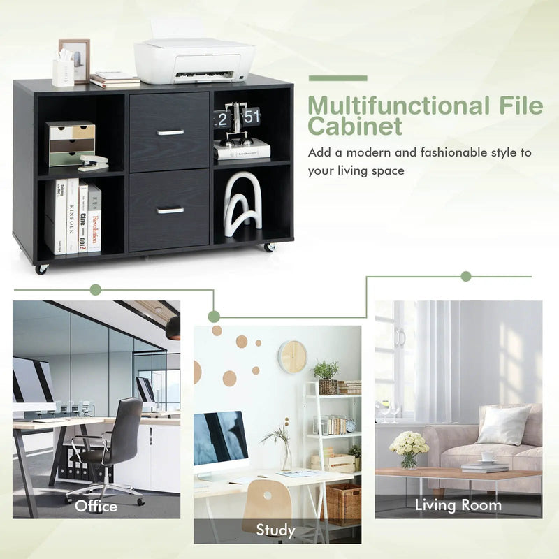 2 Drawer Wood Mobile File Cabinet with 4 Open Compartments-Black by DirectDeals