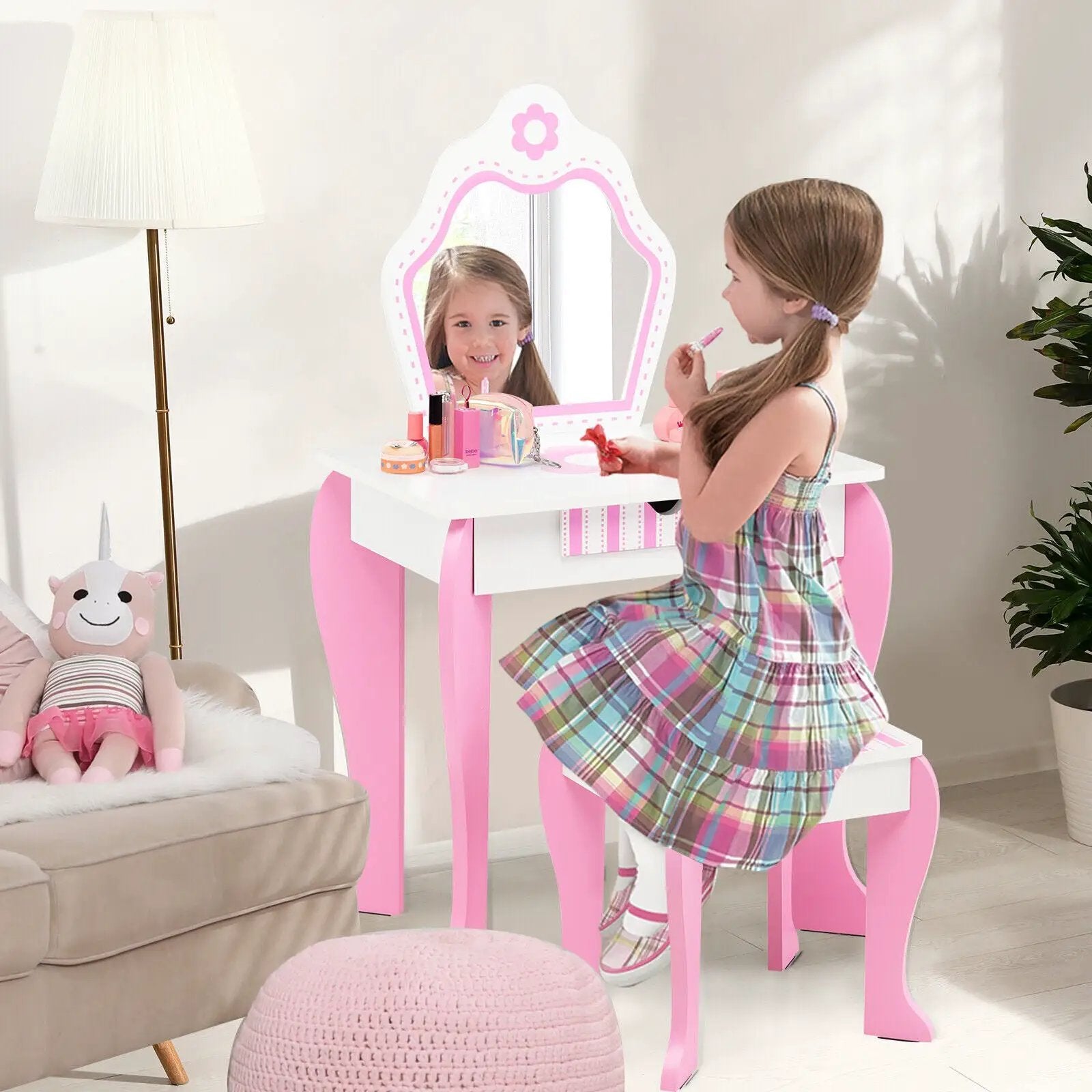 2-in-1 Toddler Vanity Set with Detachable Top & Cute Flower Patterns-White by DirectDeals