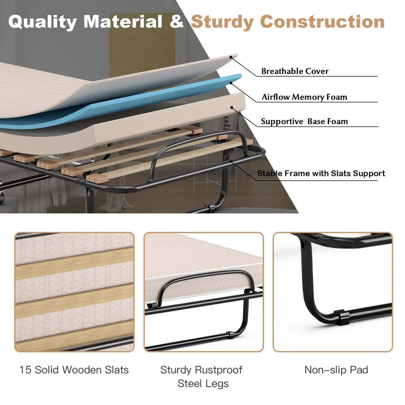 Portable Folding Bed with Memory Foam Mattress and Sturdy Metal Frame Made in Italy by DirectDeals