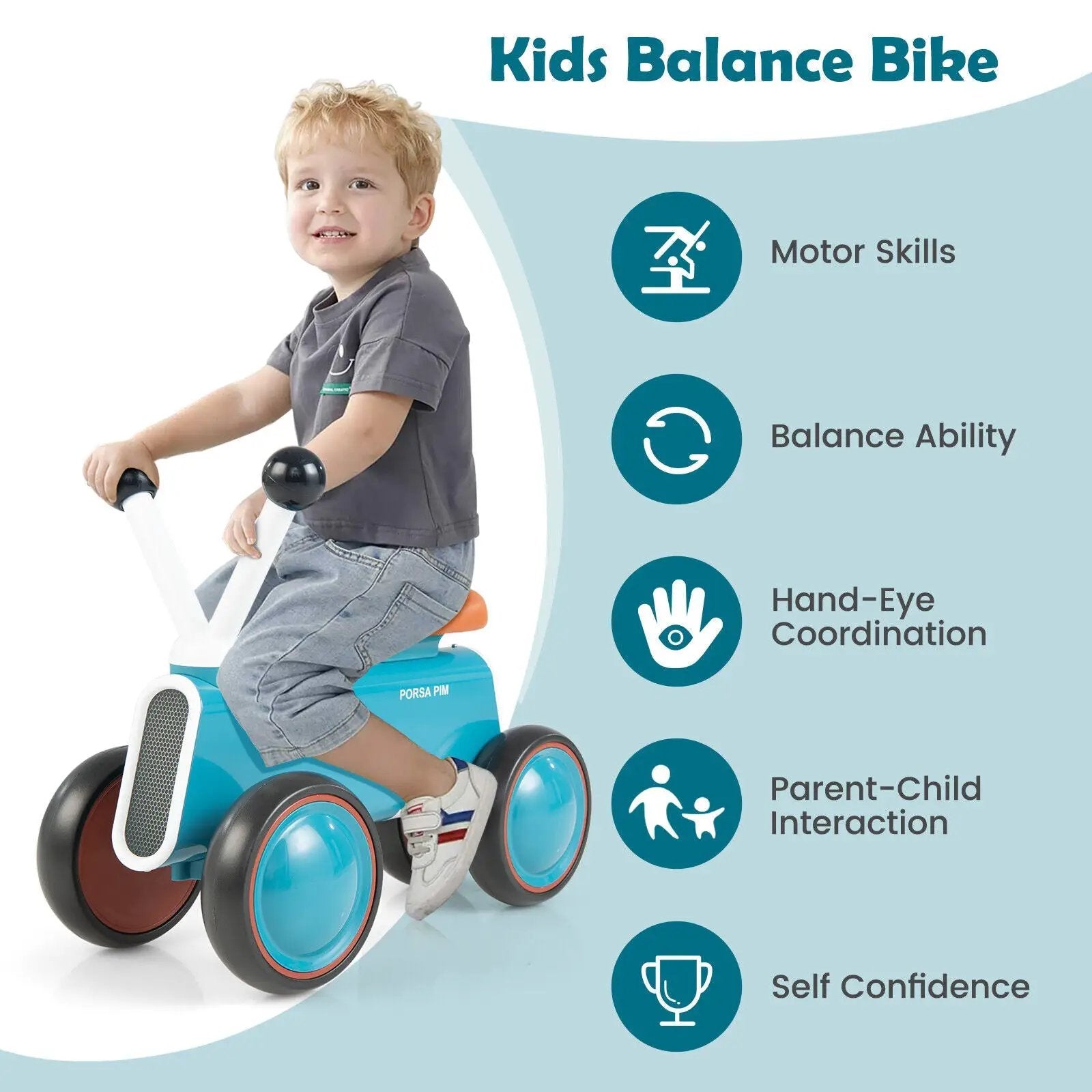 4 Wheels Baby Balance Bike without Pedal-Blue by DirectDeals