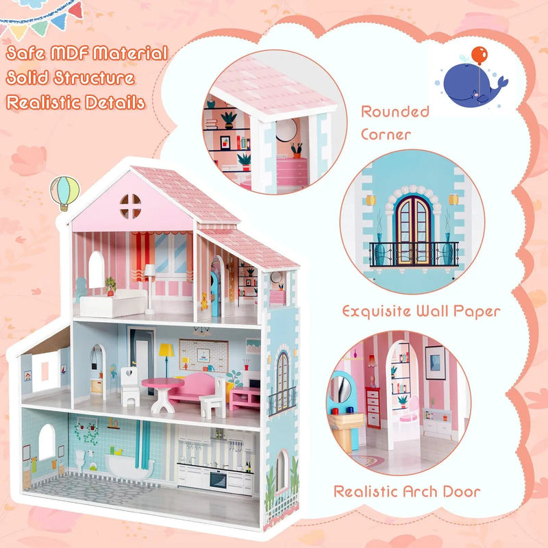 3-Tier Toddler Doll House with Furniture Gift for Age over 3 by DirectDeals