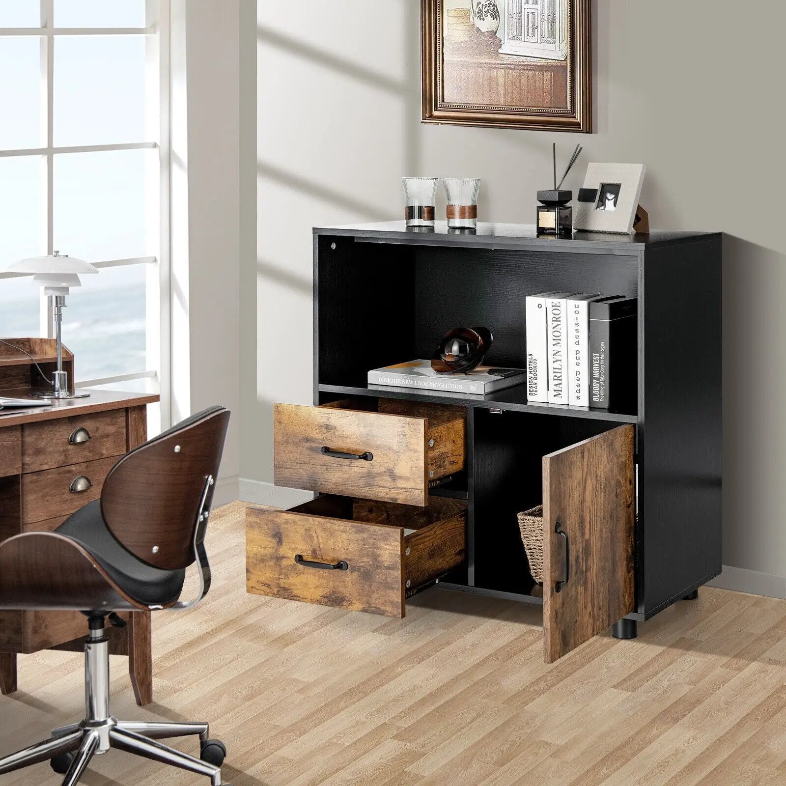 Kitchen Storage Buffet Sideboard with Wine Rack and Glass Holder-Black by DirectDeals