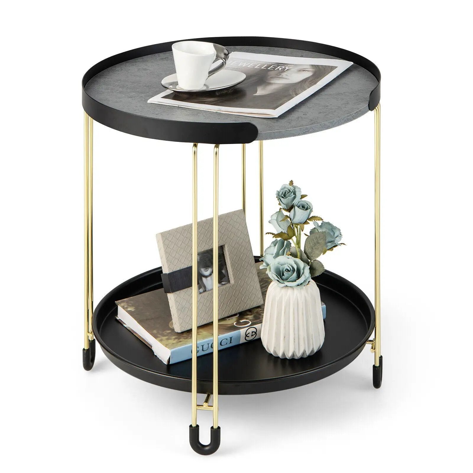 2-Tier Round Side Table with Removable Tray and Metal Frame for Small Space-Golden by DirectDeals