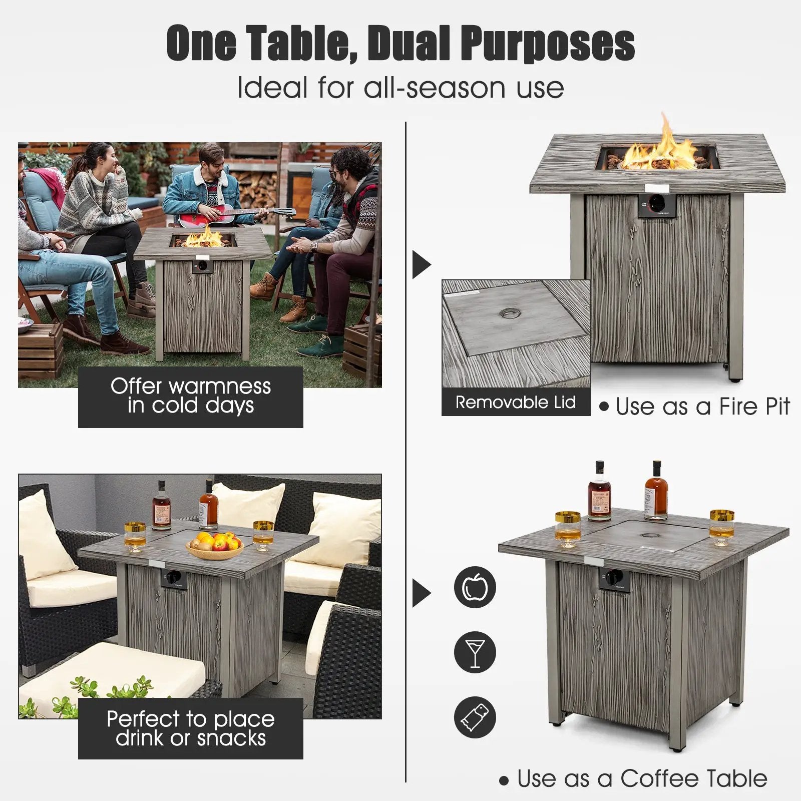 28 Inch 40 000 BTU Square Fire Pit Table with Lid and Lava Rocks-Gray by DirectDeals