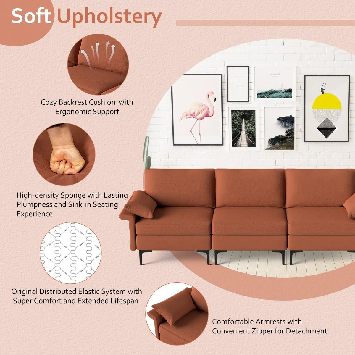 Large 3-Seat Sofa Sectional with Metal Legs and 2 USB Ports for 3-4 people, photo 6 of 11
