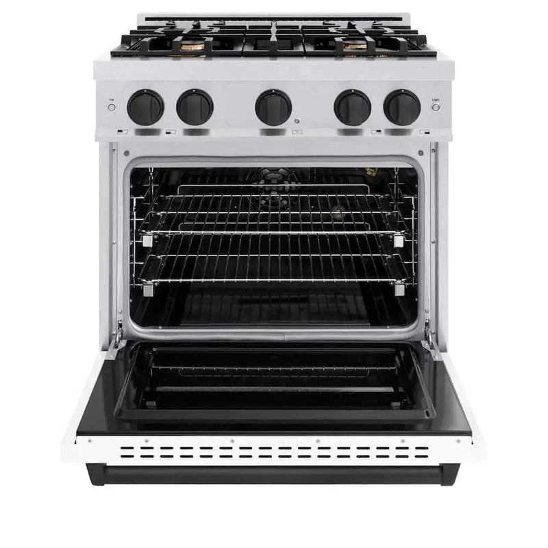 ZLINE 30"Classic Gas Range, Convection Gas Oven, DuraSnow® Stainless Steel, White Matte Door Matte Black CGRSZ-WM-30-MB by Farmhouse Kitchen and Bath