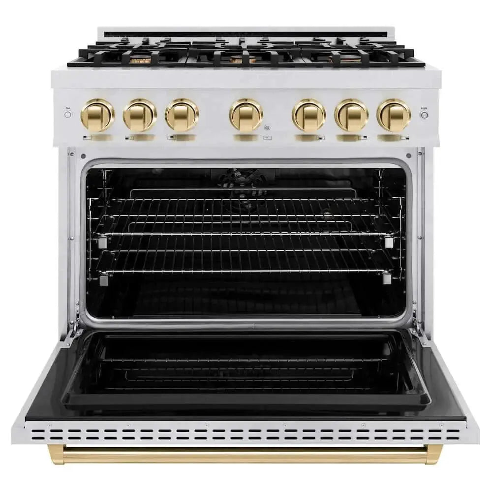 ZLINE 36" Dual Fuel Range, Gas Cooktop, Electric Convection Oven DuraSnow® Stainless Steel, Gold CDRSZ-36-G by Farmhouse Kitchen and Bath